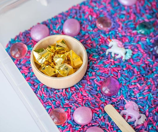 Unicorn Sensory Bin Kit for Kids – Pink, Purple & Blue Rice, Unicorn Figurines & Charms, Crystals & Wooden Tools – Includes Clear Storage Bin