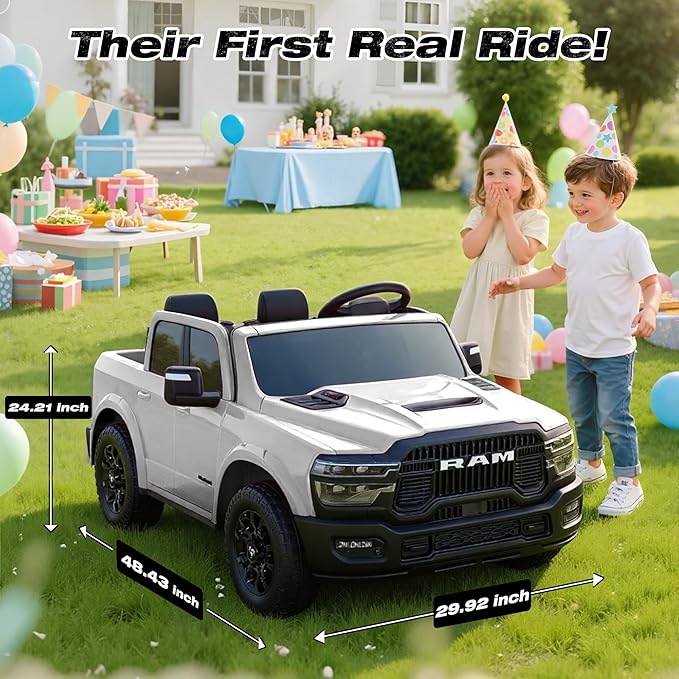 FUNTOK 24V 2 Seater Ride On Truck for Big Kids, Licensed RAM 2500 Kid's Electric Vehicles w/Remote Control, LED Light/Music/MP3/Bluetooth, Truck Bed Storage, Carry Wheels & Handle, Car for Kids 3-8