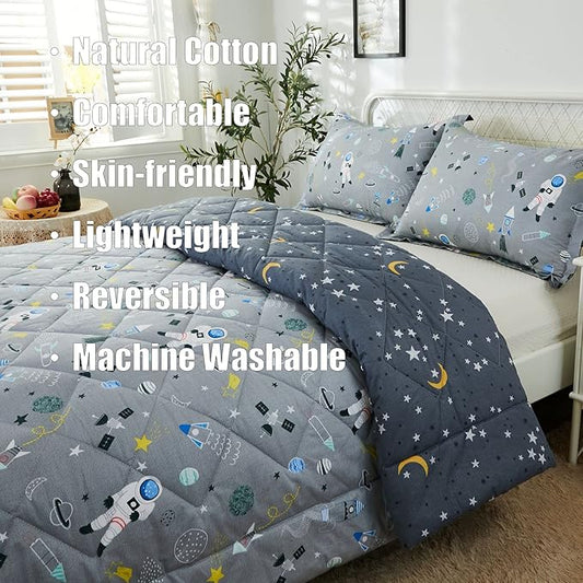Brandream Kids Space Bedding Set Queen Size Boy Girl 100% Cotton Space Rocket Galaxy Comforter Set 3-Piece