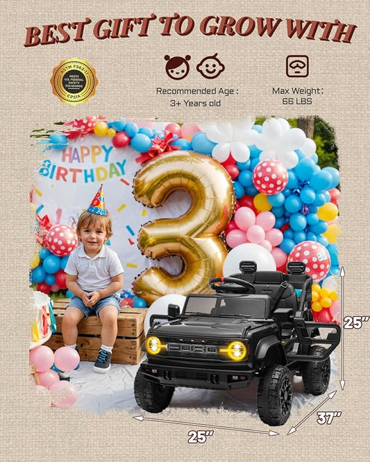 First Ride On 12V Ride on Toys for Kids, Licensed Ford Bronco Raptor Children Electric Vehicles, Toddler Battery Powered Car with Double Doors, 3 Point Safety Belt, Led Lights (12V, Black)