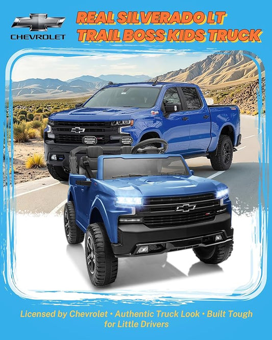 ENYOPRO 24V 2 Seater Ride on Car for Kids, Licensed Chevy Silverado LT Trail Boss Battery Powered Electric Car for Toddlers w/Remote Control, Metal Suspension, Soft Start, Bluetooth, LED Lights (Blue)