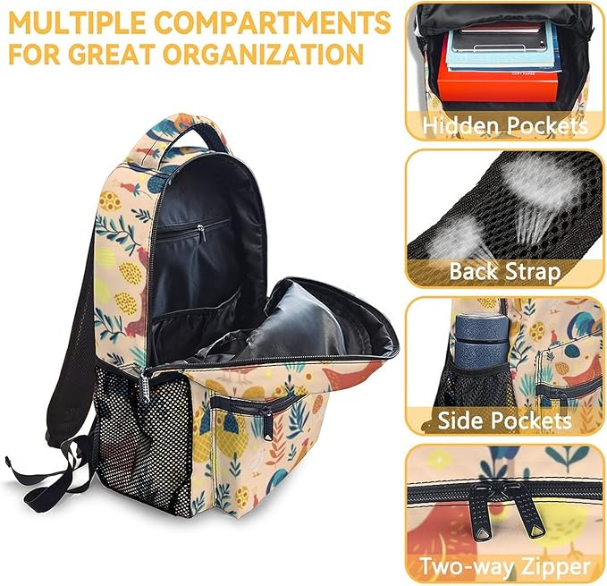 COOPASIA Chicken Backpack with Lunch Box and Pencil Case, 16 Inch Chicken Theme Bookbag with Adjustable Straps, Durable, Lightweight, Large Capacity, School Backpack for Girls Women