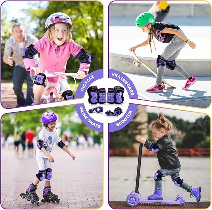 2PM SPORTS Knee Pads for Kids, Wrist Guards Knee and Elbow Pads Set with Drawstring Bag, Protective Gear Set for Girls Boys Roller Skating Cycling Skateboard