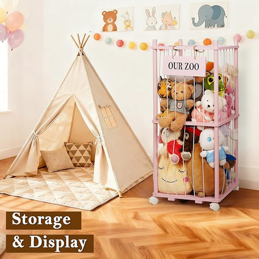 Edudif Stuffed Animal Storage Zoo, Wooden Stuffed Animal Organizer with Removable Wheels & 5-Row Elastic Cords, Space-Saving Plush Toy Storage Holder for Playroom, Bedroom, Nursery
