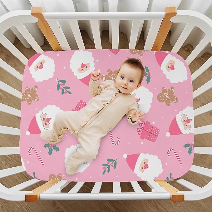 Christmas Santa Cute Pink Crib Sheets Soft Breathable Fitted Baby Crib Sheets Mattress Cover for Girl Boys, 52" x 28" x 9"