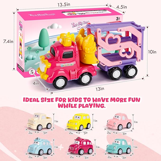 Car Toys for Toddler Girls 2, 3 Year Old, 7-in-1 Carrier Truck Toy with Light & Music, 3-Layer Transport Truck for 2 3 4 5 Girls, Preschool Educational Toys for 2 3 4 5 Year Old Girl