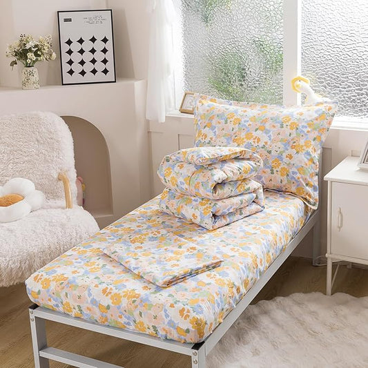 Caressma Toddler Bedding Set 4 Pieces,Smooth Microfiber Fabric Print Yellow Floral for Baby & Kids,Includes Flower Comforter, Fitted Sheet, Flat Sheet& Pillow Case for All Seasons