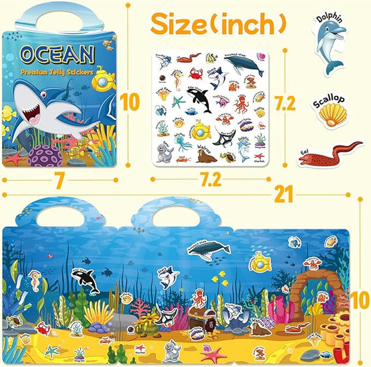 Reusable Sticker Book for Toddlers 3-6, Jelly Stickers for Kids, Sticker Activity Book Travel Toys for Road Trip, Car & Airplane, Educational Learning Gifts for Boys and Girls Ages (Ocean Theme)