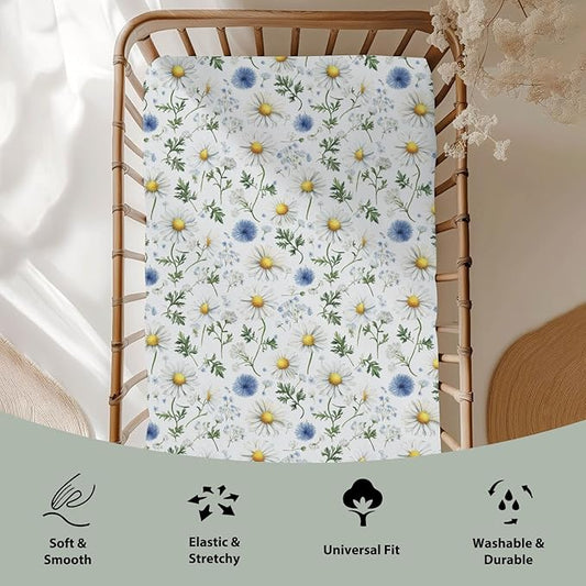 Vintage Daisy Boho Floral Baby Crib Sheets for Boy Girl 52x28Inch Wild Flowers Leaves Soft Stretchy Fitted Crib Mattress Cover Spring Summer Baby Sheet for Standard Crib and Toddler Mattress