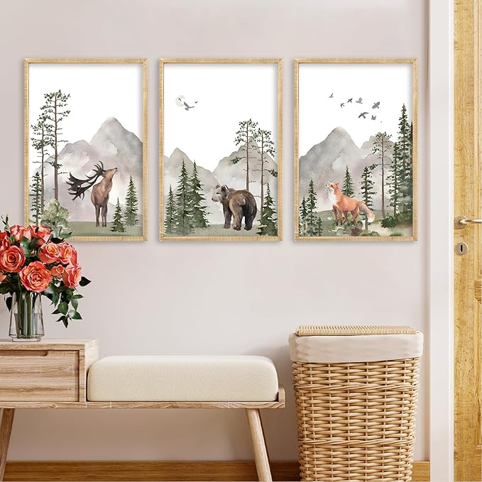 Set Of 3 Wild Woodland Nursery Animals Wall Art Decor 16x24 Inch Nursery Foggy Forest Deer Bear Fox Posters Wood Framed Sign Modren Children's Boys Girls Room Watercolor Prints Hang (Wood)