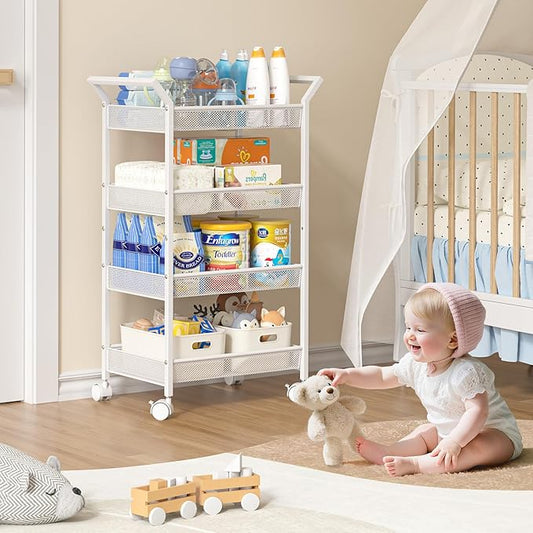 3IngSeagulls Baby Diaper Caddy Cart, 4-Tier Diaper Caddy Organizer and Storage, Rolling Utility Cart for Baby Supplies, Diaper Cart with Wheels for Bedroom, Nursery, Changing Table, White