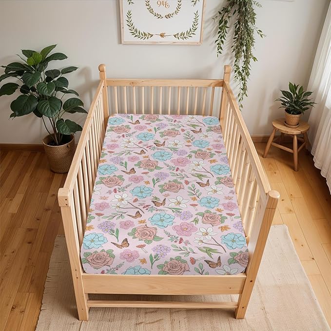 Vintage Wildflowers Baby Crib Sheets for Boy Girl 28"x52" Pink Floral Leaves Mushroom Butterflies Soft Snug Fitted Crib Mattress Cover Spring Garden Baby Sheet for Standard Crib and Toddler Mattress