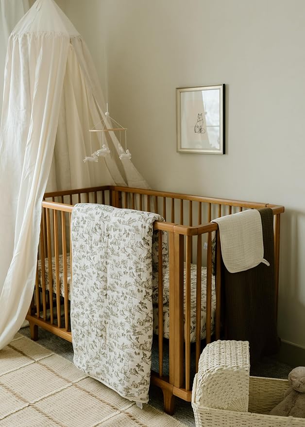 Oilo 100% Organic Premium Cotton Muslin Crib Quilt & Sham Set, (45" x 60") Print and Solid Sides, Extra-Soft & Lightweight, Fits Toddler Beds, Heirloom Organic Collection, Woodland Animals