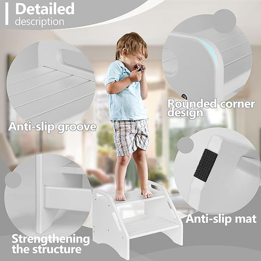 AMBIRD Wooden Two Step Stools Toddler with Safety Non-Slip Pads and Handles, Bamboo Step Stool for Bathroom, Bedroom, Kitchen Dual Height Step Stools for Kids (White)