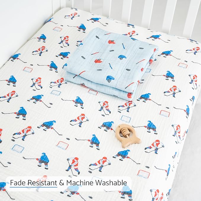 LollyBanks Muslin Crib Sheet for Boys 1 Pack, 100% Cotton Soft and Breathable Crib Fitted Sheet for Standard 52"x28" Mattress, Cozy and Snug Baby Bed Sheets, Baby Essentials (Ice Hockey Print)