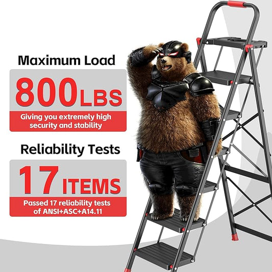 6 Step Foldable Step Ladder with Mutifunctional Tool Tray, Platform Ladders Stepstools, Step Stool 6 Step Folding with Non-Slip Pedals, 800lbs Bearing Capacity for Adults, Home, Kitchen, Black Red