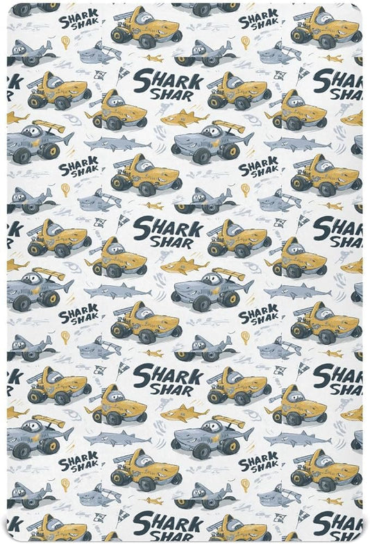 White Shark Race Cars Crib Sheets Standard Crib Toddler Mattresses Cover Fitted Baby Bed Sheet Breathable Crib Mattress Sheet for Girls Boys 39''x27''x9''