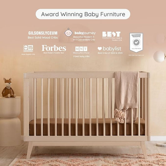 dadada Baby Soho 3-in-1 Convertible Wooden Crib to Toddler Bed - Made in Italy, GREENGUARD Gold Certified, Baby-Safe Finish, Handcrafted Beechwood, Modern Design, 3 Adjustable Heights (Natural Wash)