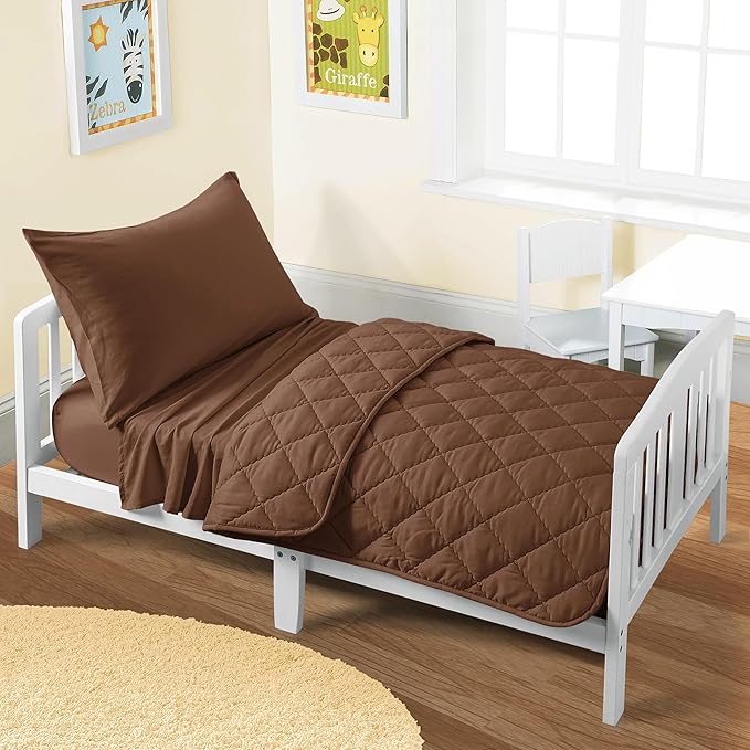 FLXXIE 4 Pieces Toddler Bedding Set, Soft and Breathable Microfiber Crib Sheet Set, Includes Quilted Comforter, Flat Top Sheet, Fitted Sheet, Envelope Pillow Case for Boys and Girls, Coffee