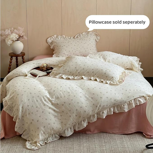 BuLuTu Chic Shabby Vintage Floral Duvet Cover Twin for Kids Girls Boys 100% Cotton Muslin Ruffled Quilt Cover Twin, 68"x86", Primrose Print, Soft Breathable, Zipper Closure, No Pillowcase
