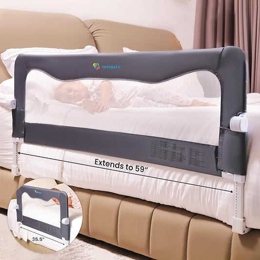 TotCraft Flexguard Height & Length Adjustable Bed Rail for Toddlers – Fits Twin, Full, Queen & King Beds – 35.5″ or 59″ Two Fixed Lengths – 14 Height Levels – ASTM Certified Kids Safety Guard (Grey)
