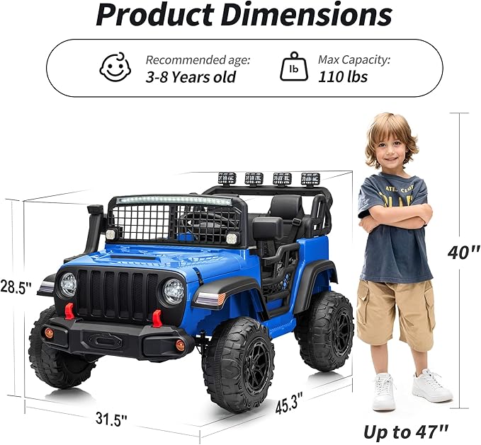 2 Seater Ride on Car Toy, 12V Electric Car for Kids 4-8 with Remote Control, Capacity 110 lb, LED Light - Blue
