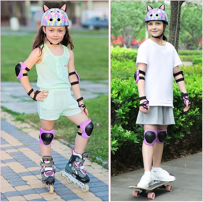 Kids Helmet, Bike Helmets for Kids 8-14 with Knee Pads and Elbow Pads Wrist Guards, Adjustable Youth Girls Bike Helmet with DIY Cat Ears Skateboard Helmet for Scooter Skating Cycling