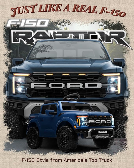 First Ride On 12V Electric Car for Kids, Licensed Ford F-150 Raptor Toddler Ride on Toys with Remote Control, Kids Ride on Truck with Smooth Start, Truck Bed Storage, Bluetooth (Blue)