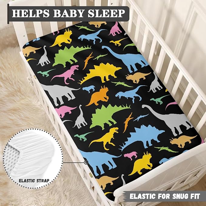 Colorful Dinosaur Baby Crib Sheets Fitted Crib Sheets Kid Crib Fitted Sheets Crib Cover Single Pack 28"x52" for Boys Girls