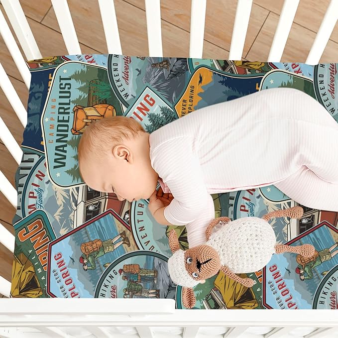 Fitted Crib Sheets for Baby Boys or Girls Soft Breathable Baby Play Yard Sheet for Standard Size Crib Mattress 39x27in Camping National Park Colorful Labels Emblems (3)