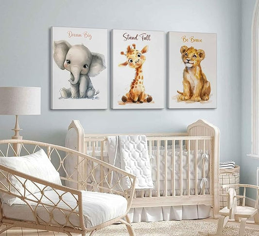 3 Pcs Safari Nursery Canvas Wall Art Kids Cute Inspirational Animal Lion Giraffe Elephant Painting Picture Wall Decor Poster Print Artwork for Baby Boys and Girls Room Home Decoration
