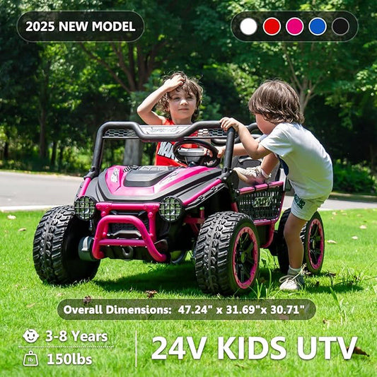 XXL 24V 7Ah 2 Seater Ride On Toy for Big Kids Ride On Car with Remote Control 4WD Kids UTV with 22" Seat, LED Lights, Bluetooth Music Player, EVA Rubber Tires, Spring Suspension, Pink