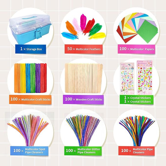 kortes Jumbo Art and Craft Supplies for Kids, Toddler DIY Craft Art Supply Set Included Pipe Cleaners, Pom Poms, Feather, Folding Storage Box - All in One for Craft DIY Art Supplies (Blue)