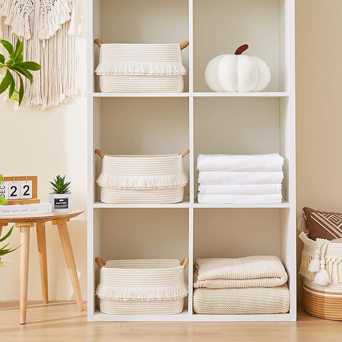 BUBUSUN Storage Bins Woven Baskets for Storage Set of 3, Cotton Rope Basket with Handles for Toys/Shelves/Laundry, Rectangle Multi-Purpose Organizer for Living Room, Bedroom, Nursery (White)