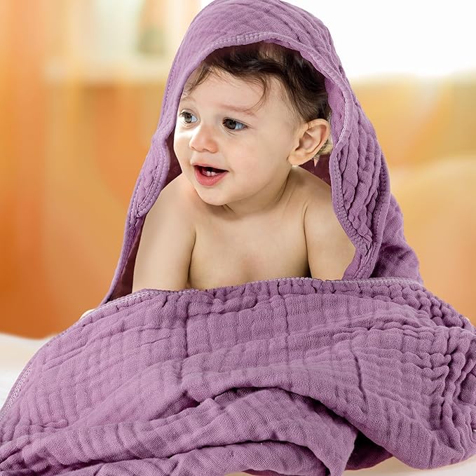 Peryiter 4 Pcs Muslin Hooded Baby Towels, 32x 32'' Cotton Newborn Bath Towel Muslin Infant Baby Blankets Absorbent Unisex Christmas Registry Gift Essentials for Girls Boys (Purple Series)
