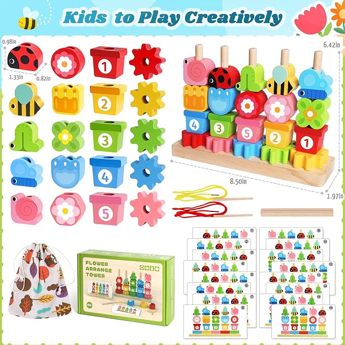 Toys for 2 3 4 Year Old Girl Boy, Wooden Montessori Toys for Ages 2-4 Toddler, Birthday Gifts for Girls Age 2 3 Stacking Blocks & Lacing Beads Sequence for Kids, Toddlers Preschool Learning Activities