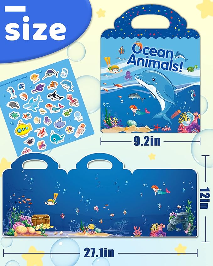 Benresive Reusable Sticker Books for Toddlers, Fun Travel Stickers for Kids, Toddler Sticker Book, Crafts Activities for Toddlers, 3 and Up Birthady Gifts - Ocean Animals