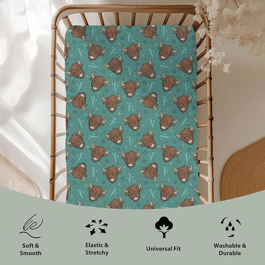 Western Highland Cows Baby Crib Sheets for Boy Girl 28"x52" Boho Cows Green Cactus Stars Soft Snug Fitted Crib Mattress Cover Highland Yak Cattle Baby Sheet for Standard Crib & Toddler Bed Mattress