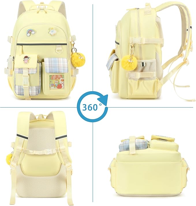 KIDNUO Backpack for Girls, 15.6 Inch Laptop School Bag Kids Kindergarten Elementary College Backpacks Large Bookbags for Teen Girl Women Students Casual Travel Daypacks (Yellow)