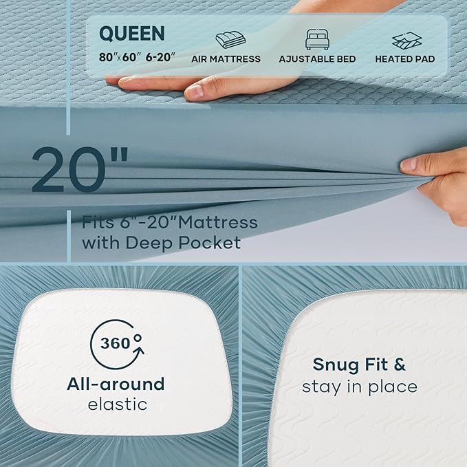 OhGeni 100% Waterproof Mattress Protector,Queen Size Mattress Soft Pad, Bedwetting Resistant,Cooling Breathable Fitted Sheets,Washable Bed Cover,Non-Slip Deep Pocket,Noiseless for Bedroom,Lake Blue
