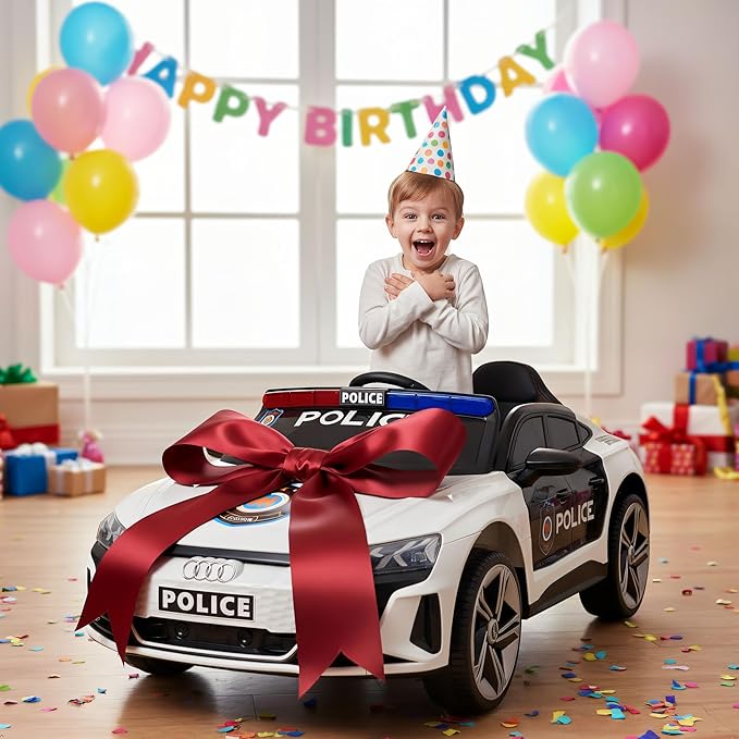 12V Kids Police Ride On Car with Remote Control, Flashing Lights, Siren & Megaphone, Bluetooth Music, Rocking Mode, Leather Seat, 3 Speeds, Battery Powered Electric Vehicle for Boys & Girls