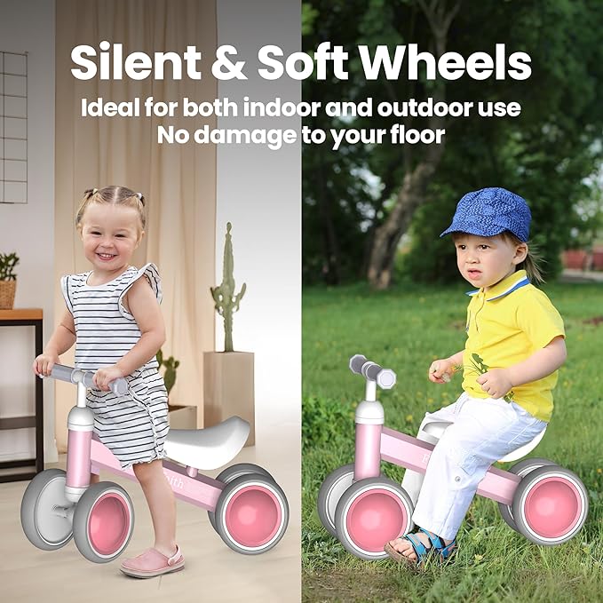 Baby Balance Bike for 1 Year Old Boys Girls, Toddler First Bike with 4 Colorful Lighting Wheels | 12-24 Month Toddler Balance Bike | First Birthday Gifts (Baby Pink)