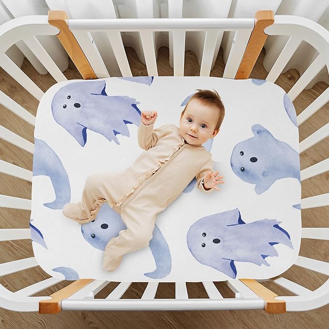 Halloween Fall Blue Ghost Crib Sheets Soft Breathable Fitted Baby Crib Sheets Mattress Cover for Girl Boys, 52" x 28" x 9"