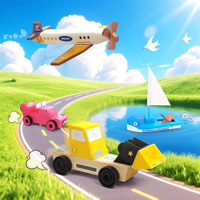 Wooden Build Paint Art Crafts Kit, Make Your Own Car Boat & Plane DIY Craft Toys for Kids Boys, STEM Educational Toy Set