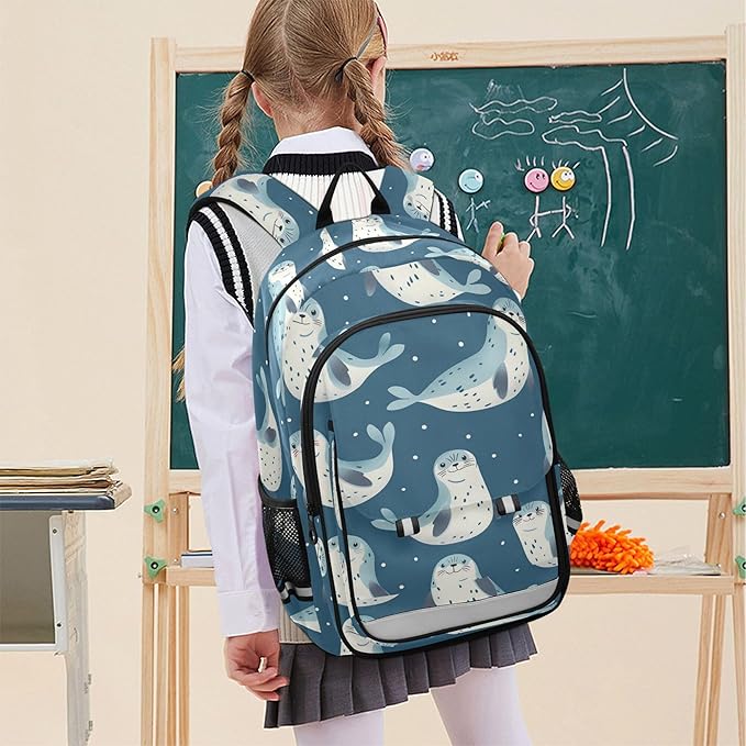 Jucciaco Seal Cartoon School Backpack Laptop Travel Backpack for Kids Girls Boys, Computer Notebooks Bookbag with Reflective Stripes