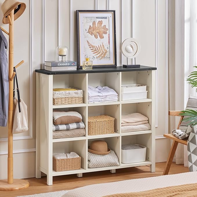 Joaxswe 9 Cube Bookcase, Farmhouse 47 Inch Wide White Bookshelf, Wooden 3 Tier Display Large Open Book Shelf, Vintage Horizontal Book Case for Home Office, Cubby Storage Cabinet for Living Room