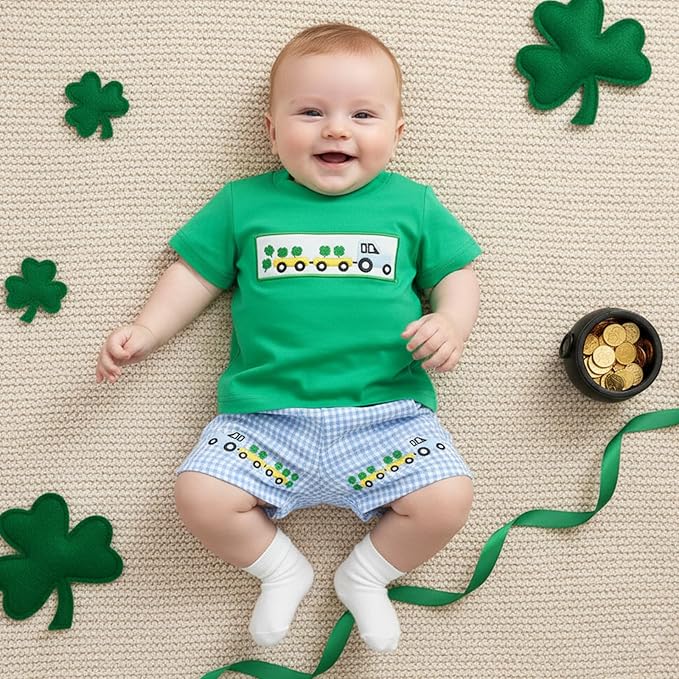 Baby Boy St Patricks Day Outfit Clover Embroidery Short Sleeve T-shirt Tops Shorts Set Toddler Spring Summer Clothes