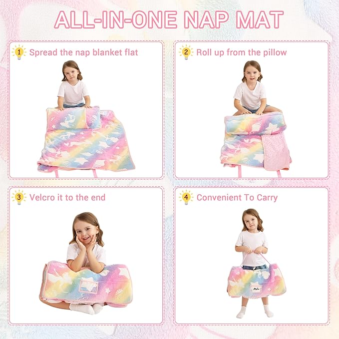 Toddler Nap Mat with Pillow and Blanket, Extra Large Rolled Napping Mats,Slumber Bags for Boys Girls,Kids Sleeping Bag for Daycare, Preschool Travel Camping