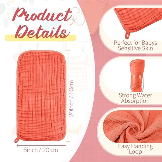 VitalCozy 6 Pcs Baby Muslin Hooded Bath Towels and Washcloths Muslin Cotton Hooded Baby Towels Absorbent Blankets for Gift Newborn Infant Shower (35 x 35 Inch,Cherry Red,Coral)
