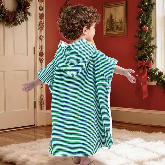 VOOVA & MOVAS Double-Layered Baby Hooded Towel Poncho (2-4 Years, 20x21 Inches) | Ultra Soft & Absorbent Cotton | Thick Toddler Bath Towel for Swimming, Beach, Shower & Winter, Green Stripe